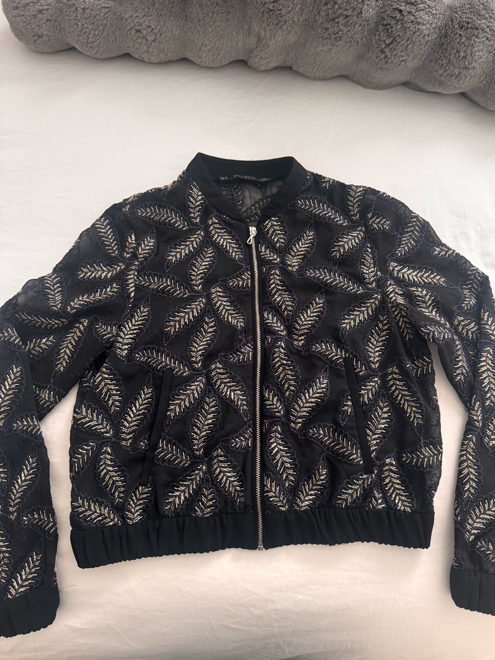 Zara Black Embroidered Leaf Bomber Jacket- Size XS